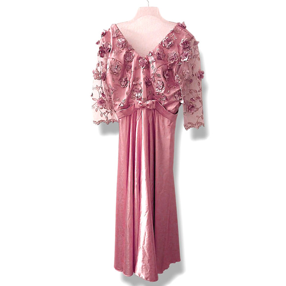 VNTG 80s Satin Dress Sz XL Pink 3D Flowers Chiffon Sleeves Fairy Princess Retro - Picture 4 of 12